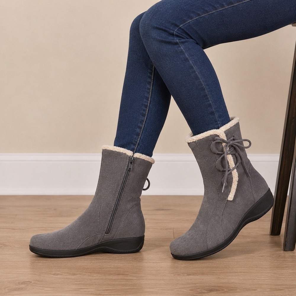 Clarks NEW Bendables Ankle Boots Womens 8.5 Gray Faux Fur Lined Lace Up